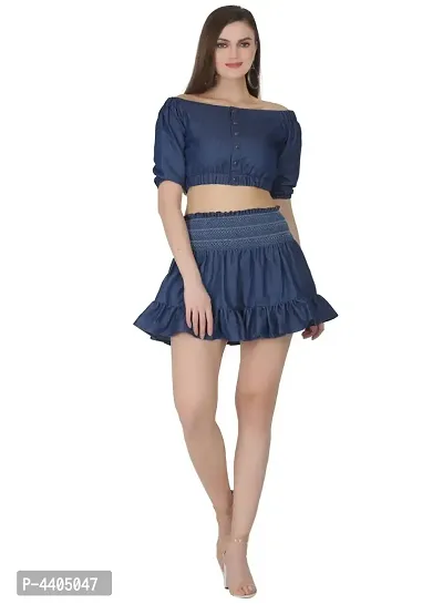 Elegant Denim Blue Crop Top And Mini Skirt Set For Women