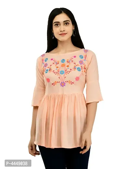 Women's Rayon Peach Embroidery Short Kurtis