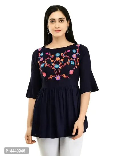 Women's Rayon Navy Blue Embroidery Short Kurtis