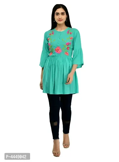 Women's Rayon Turquoise Embroidery Short Kurtis-thumb5