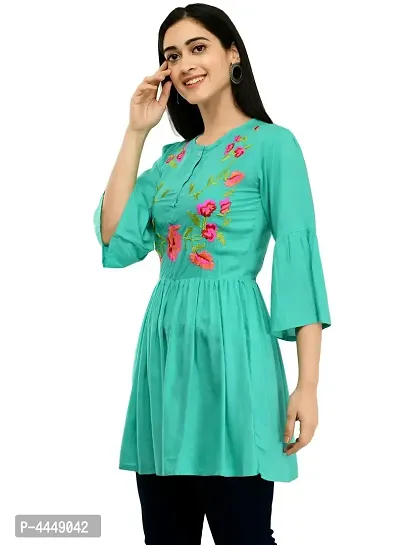 Women's Rayon Turquoise Embroidery Short Kurtis-thumb2