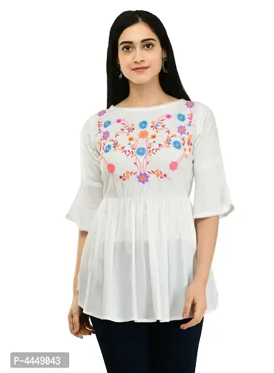 Women's Rayon White Embroidery Short Kurtis