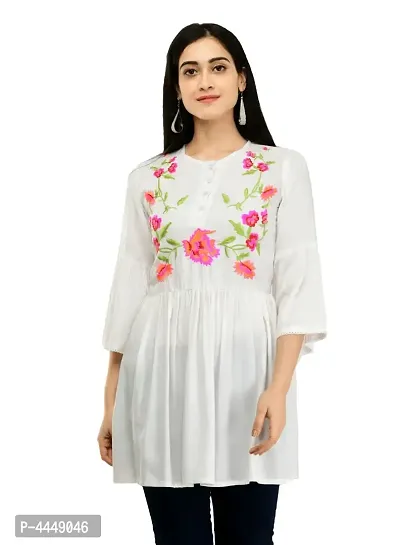 Women's Rayon White Embroidery Short Kurtis