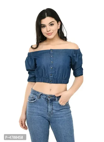 Fashionable Blue Denim Solid Top For Women-thumb0
