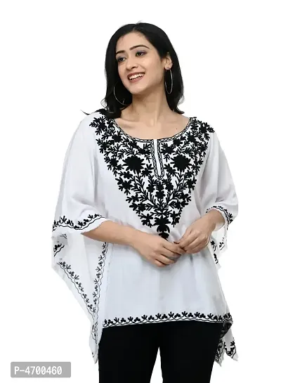 Fashionable White Rayon Embroidered Top For Women