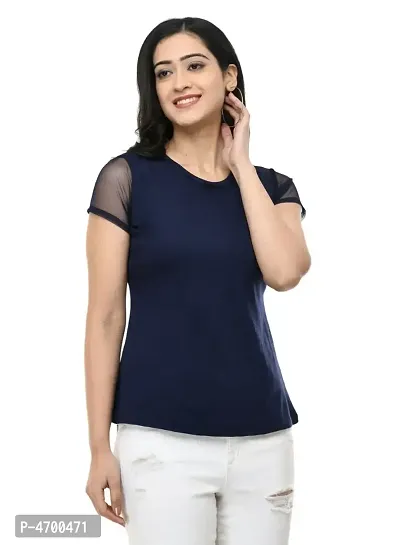 Fashionable Navy Blue Cotton Blend Solid Top For Women