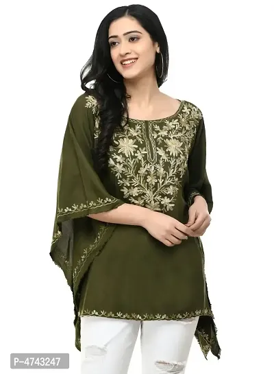 Olive Embroidered Rayon Top For Women's and Girl's