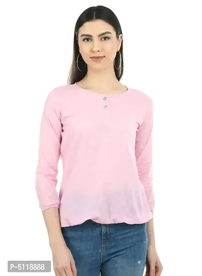 Stylish Pink Cotton Solid Round Neck Tops For Women