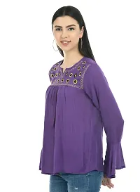 Stylish Purple Rayon Embroidered Round Neck Tops For Women-thumb1