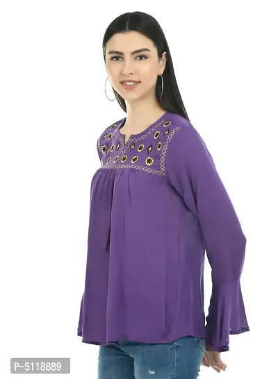 Stylish Purple Rayon Embroidered Round Neck Tops For Women-thumb2