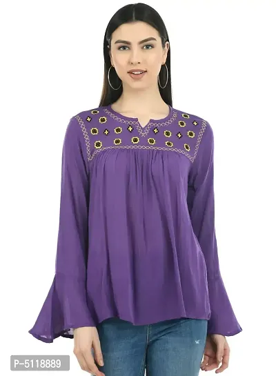 Stylish Purple Rayon Embroidered Round Neck Tops For Women-thumb0
