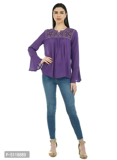 Stylish Purple Rayon Embroidered Round Neck Tops For Women-thumb5