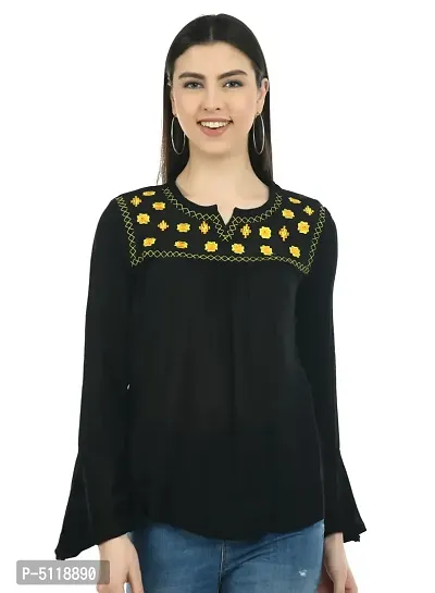 Stylish Black Rayon Embroidered Round Neck Tops For Women