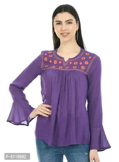 Stylish Purple Rayon Embroidered Round Neck Tops For Women