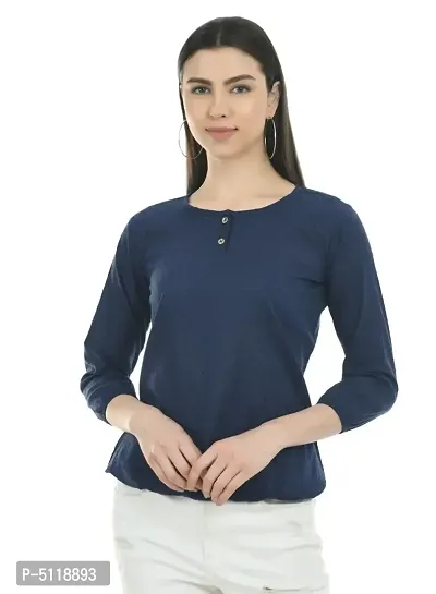 Stylish Navy Blue Cotton Solid Round Neck Tops For Women