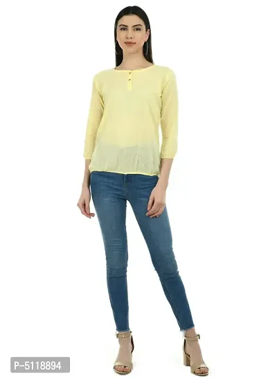 Stylish Yellow Cotton Solid Round Neck Tops For Women-thumb5