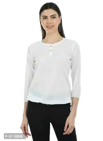 Stylish Off White Cotton Solid Round Neck Tops For Women