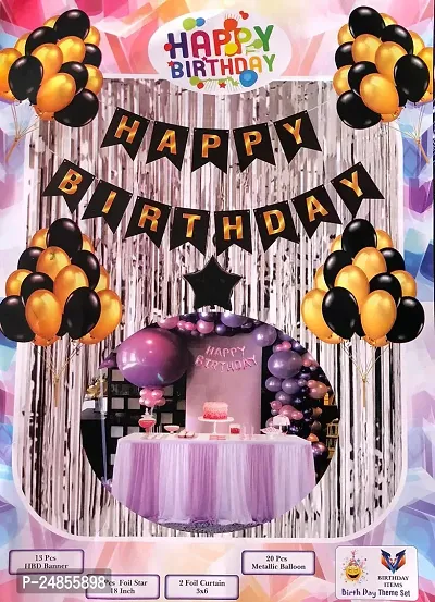 Party Propz Gold Happy Birthday Decoration Kit - Black Happy Birthday Banner | White Net Curtain And Led Lights For Birthday Decoratio |Agate Foil Balloons| Happy Birthday Balloons