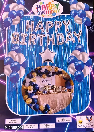 blue silver golden Happy Birthday Decorations Combo Kit with Banner, Balloons,curtains, for Birthday Decoration Boys, Kids, Girl, Husband, Wife, Girl Friend, Adult.