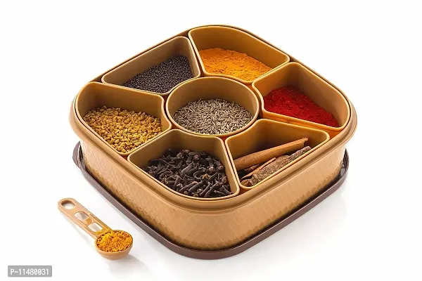 ASPENX Masala Rangoli Box Dabba for Keeping Spices | Spice Box for Kitchen | Plastic Wooden Style Masala Box | Masala Container | Masala Dabba (Masala Box - 7 in 1)