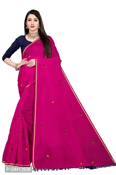 Dream Style Women's Chanderi Cotton Pom Pom Work Saree With Blouse Piece