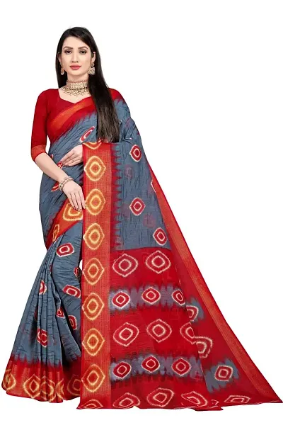 Dream Style Women's Bandhani Printed Cotton Linen Blend Saree With Blouse