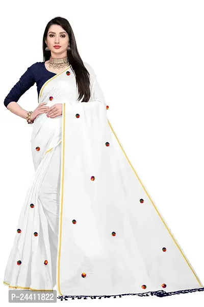 Dream Style Women's Chanderi Cotton Pom Pom Work Saree With Blouse Piece