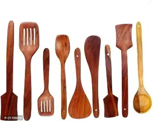 Useful Handmade Wooden Non-Stick Spoons And Spatulas For Cooking and Serving- 9 Pieces