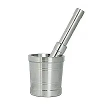 Classic First Front Small Size Aluminium Kitchen Khalbatta Okhli Masher Mortar Pestle Set, Silver-thumb1