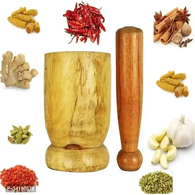 Wooden Handmade Kitchen Okhli Heavy Mortar Kitchen Wooden Mango Wood Mortar Pestle Set-thumb0