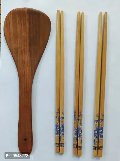 3 Pairs Wooden Bamboo Chopsticks With Rice Serving Spoon Pack Of 4-thumb0