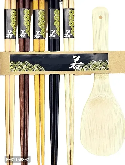 Useful 5 Pair Of Reusable Wooden Chopsticks with Rice Spoon- 6 Pieces