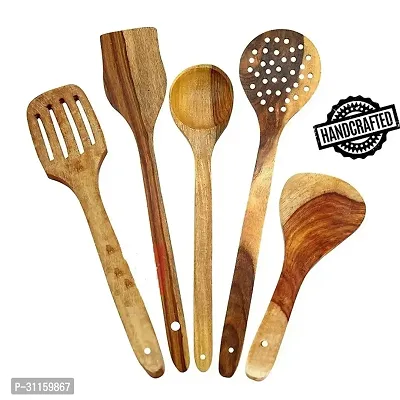 Brown Set Of 5 Handmade Wooden Non-Stick Serving And Cooking Spoon-thumb0