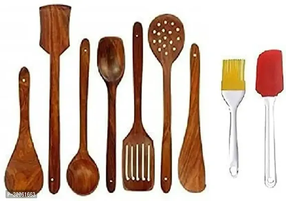 Useful 7 Pieces Wooden Handmade Spoons And Spatulas For Cooking And Serving with 2 Pieces Silicon Spatula Brush- 9 Pieces