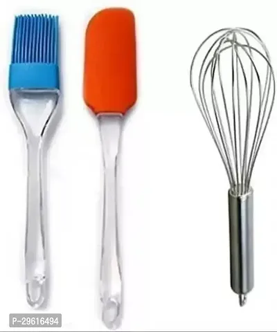 Useful Stainless Steel Egg Beater With Silicon Spatula And Brush- 3 Pieces-thumb0