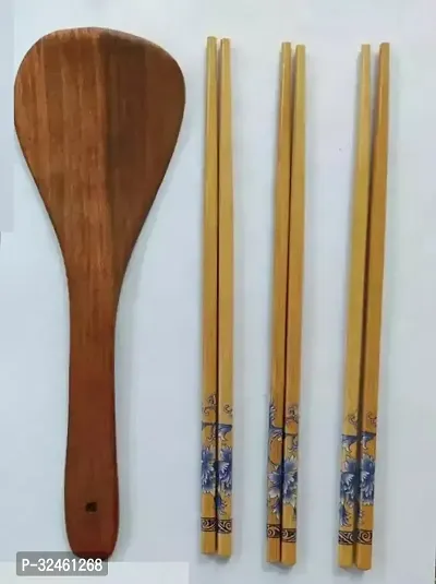 3 Pairs Wooden Bamboo Chopsticks With Rice Serving Spoon-thumb0