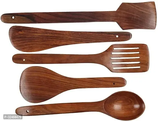 Classic Set Of 5 10 Inches Wooden Non Stick Spatulas Ladles-thumb0