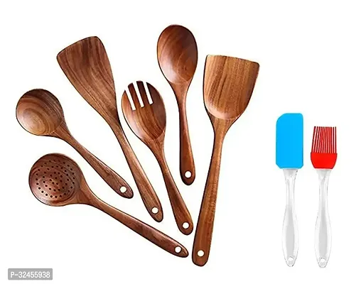 Combo Set Of 6 (Japnese) Style Wooden Cooking Spoon 1 Set Of Silicon Spatula Oil Brush Set With Spatulas For Non-Stick Kitchen Utensil Cooking Set Natural Wood For Cooking-thumb0