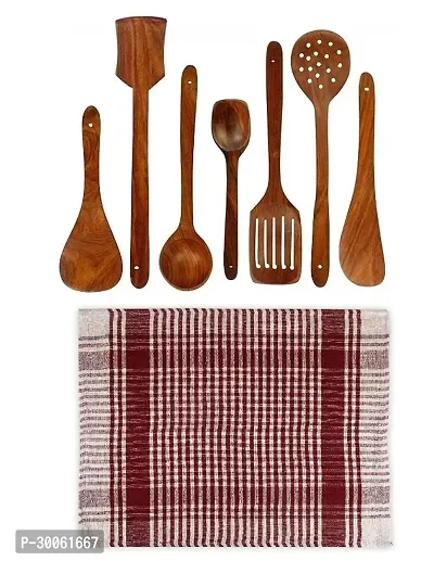 Useful 7 Pieces Wooden Handmade Spoons And Spatulas For Cooking And Serving with Kitchen Cloth- 8 Pieces