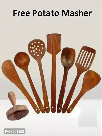 Useful Wooden Handmade Spoons And Spatulas For Cooking And Serving-7 Pieces And Free Potato Masher- 8 Pieces-thumb0