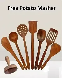 Useful Wooden Handmade Spoons And Spatulas For Cooking And Serving-7 Pieces And Free Potato Masher- 8 Pieces-thumb1