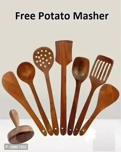 Useful Wooden Handmade Spoons And Spatulas For Cooking And Serving-7 Pieces And Free Potato Masher- 8 Pieces-thumb2