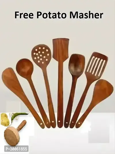 Useful Wooden Handmade Spoons And Spatulas For Cooking And Serving-7 Pieces And Free Potato Masher- 8 Pieces-thumb0