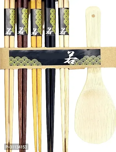 Combo Of Set Of 5 Pair Of Reusable Wooden Chopsticks And 1 Rice Spoon-thumb0