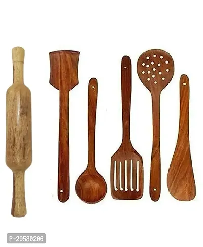 Useful Wooden Belan Chapati Roller With 5 Cooking Spatula Spoons- 6 Pieces-thumb0