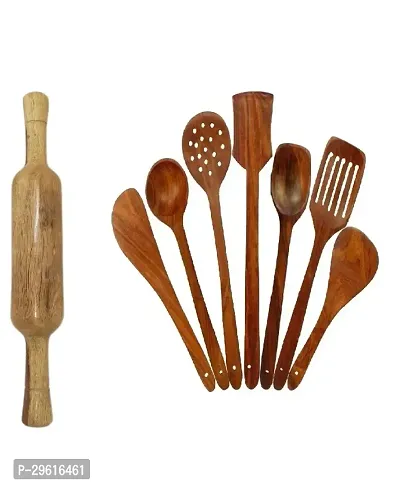 Useful Wooden Wooden Belan Chapati Roller With 7 Cooking Spatula Spoons- 8 Pieces-thumb0