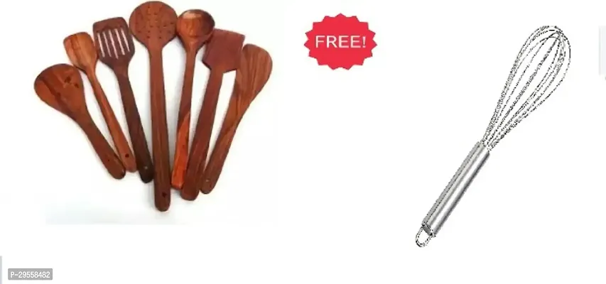 Combo Set-Of-7 Hndmade Wooden Kitchen Tools With Free Hand Blender Pack Of 8-thumb0