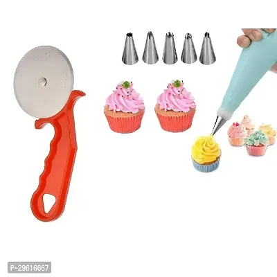 Useful Metal Pizza Cutter And 6 Pieces Stainless Steel Reusable Washable Cake Nozzle Silicone Icing Piping Cream Pastry Making Bag- 7 Pieces-thumb0