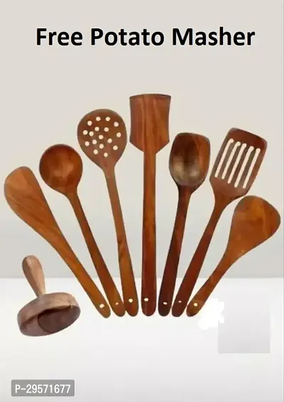 Durable Handmade Non Stick Wooden Cooking Spatulas With Potato Masher Pack Of 8-thumb0