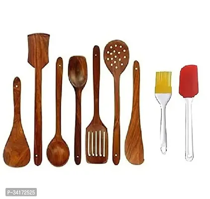 Trendy Wooden Non Stick Serving Spoon With Silicone Brush Set Of 9-thumb0